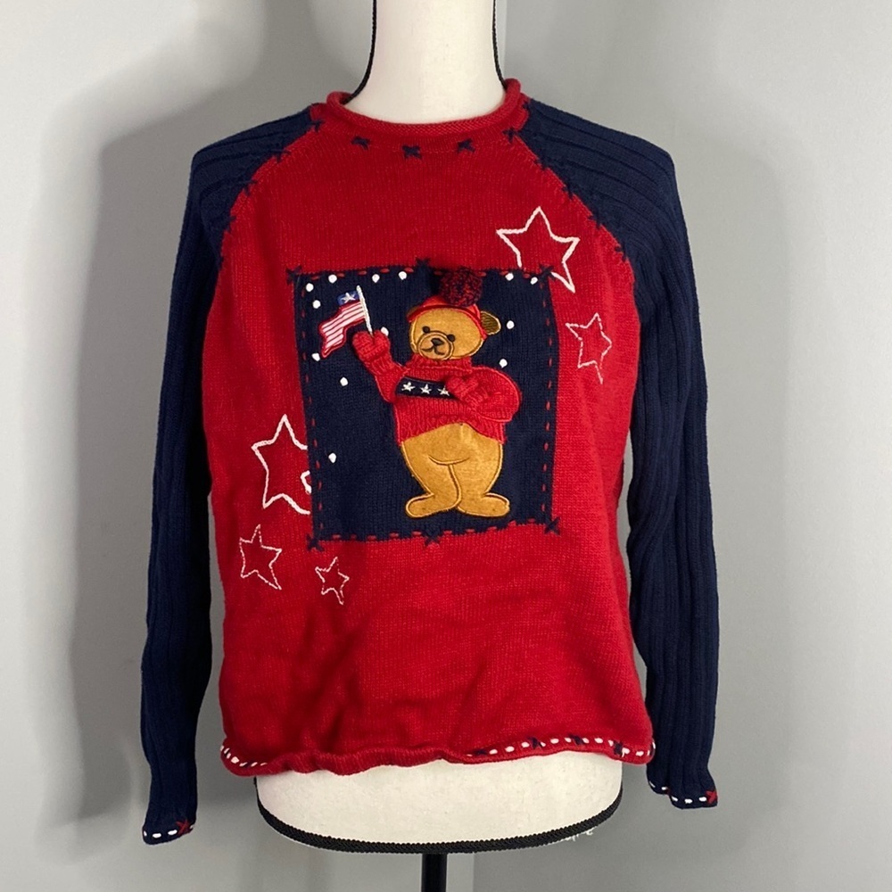 Karen Scott Sport Heavy Knot Memorial Independence Day 4th of July Bear Sweater